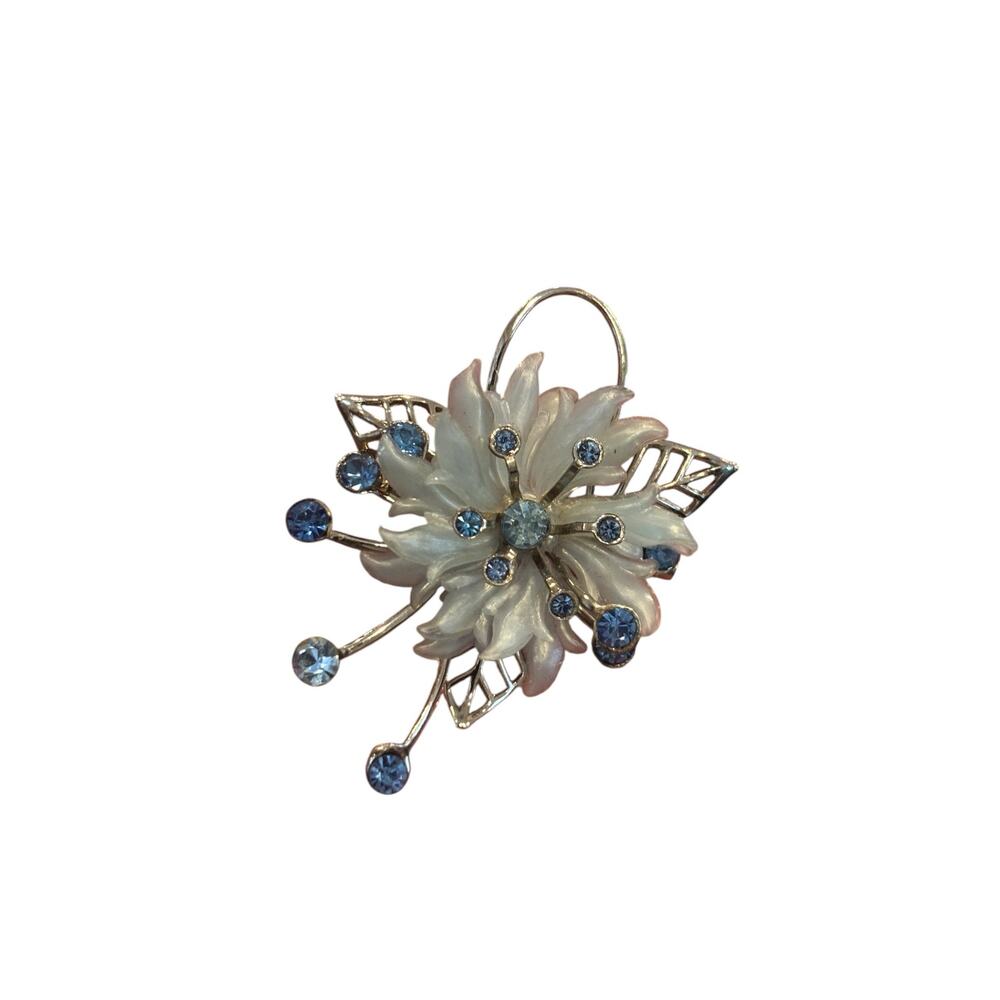 Vintage Blue Rhinestone Lucite Flower Brooch Mid Century Floral Spray Pin